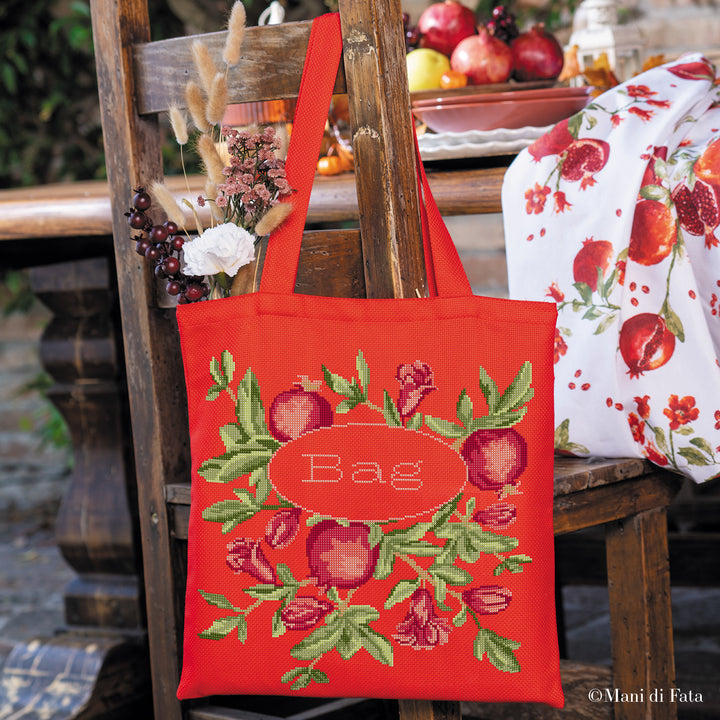 Kit borsa in Aida rossa da ricamare a punto croce motivo "melograno"