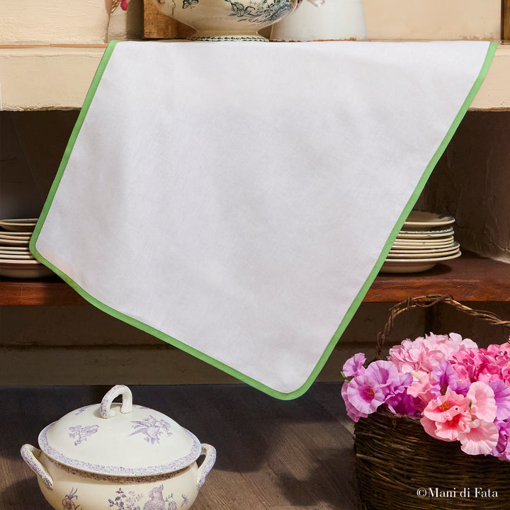 Strofinaccio in misto lino bianco bordato in sbieco verde