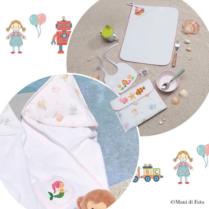 Kit triangolo+bustina con bavetta e asciughino rosa Mondo Marino punto croce