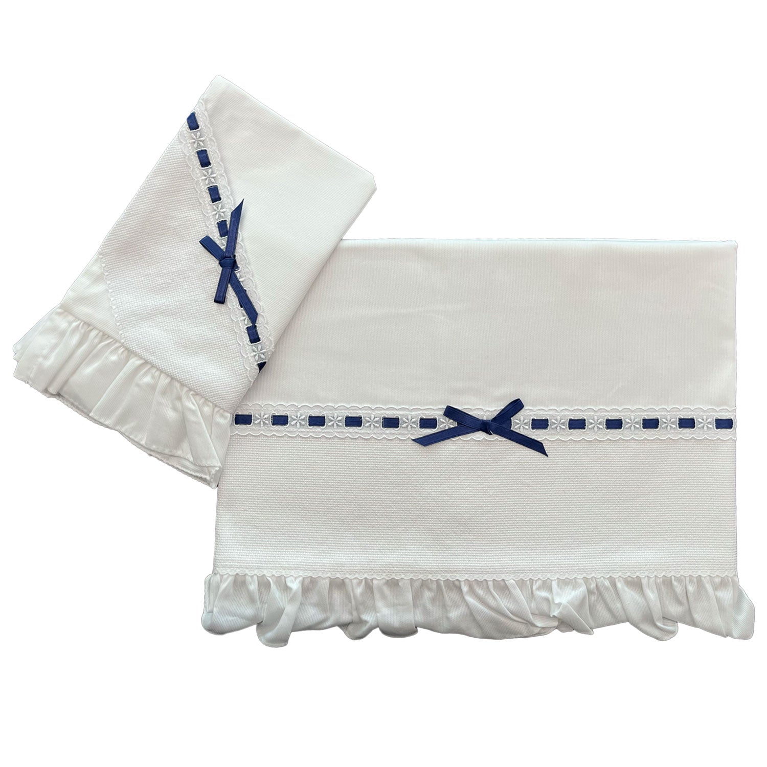 Completo culla ricamo punto croce e passanastro blu