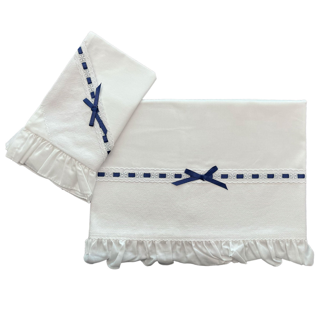 Completo culla ricamo punto croce e passanastro blu