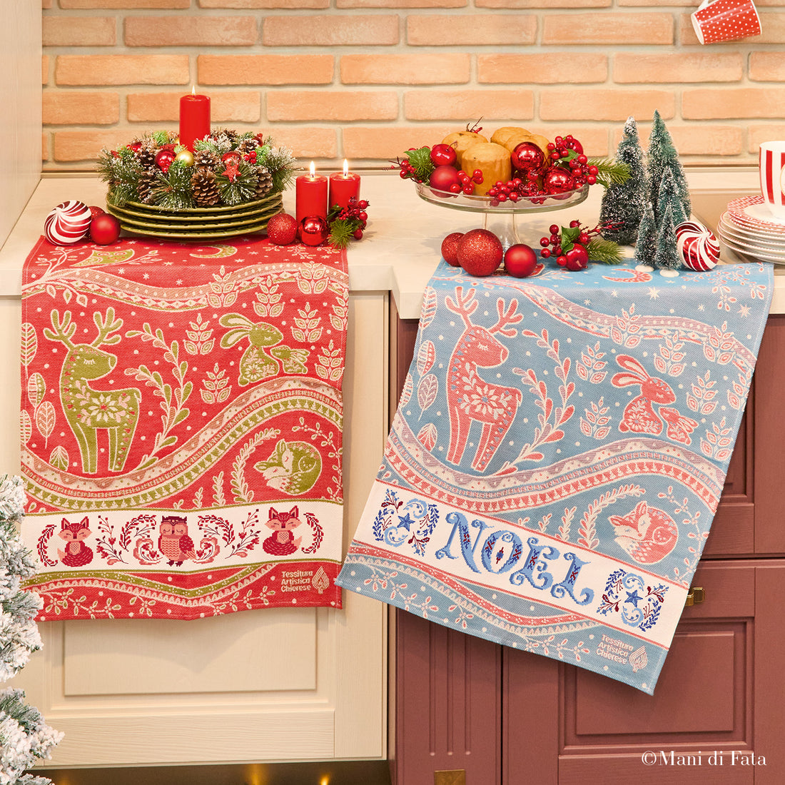 Kit 2 asciugapiatti jaquard rosso e blu Noel e Gufo punto croce