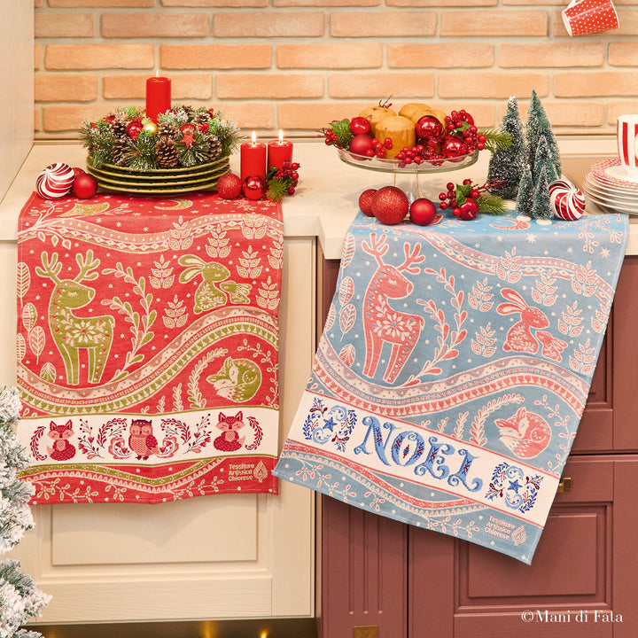 Kit 2 asciugapiatti jaquard rosso e blu Noel e Gufo punto croce