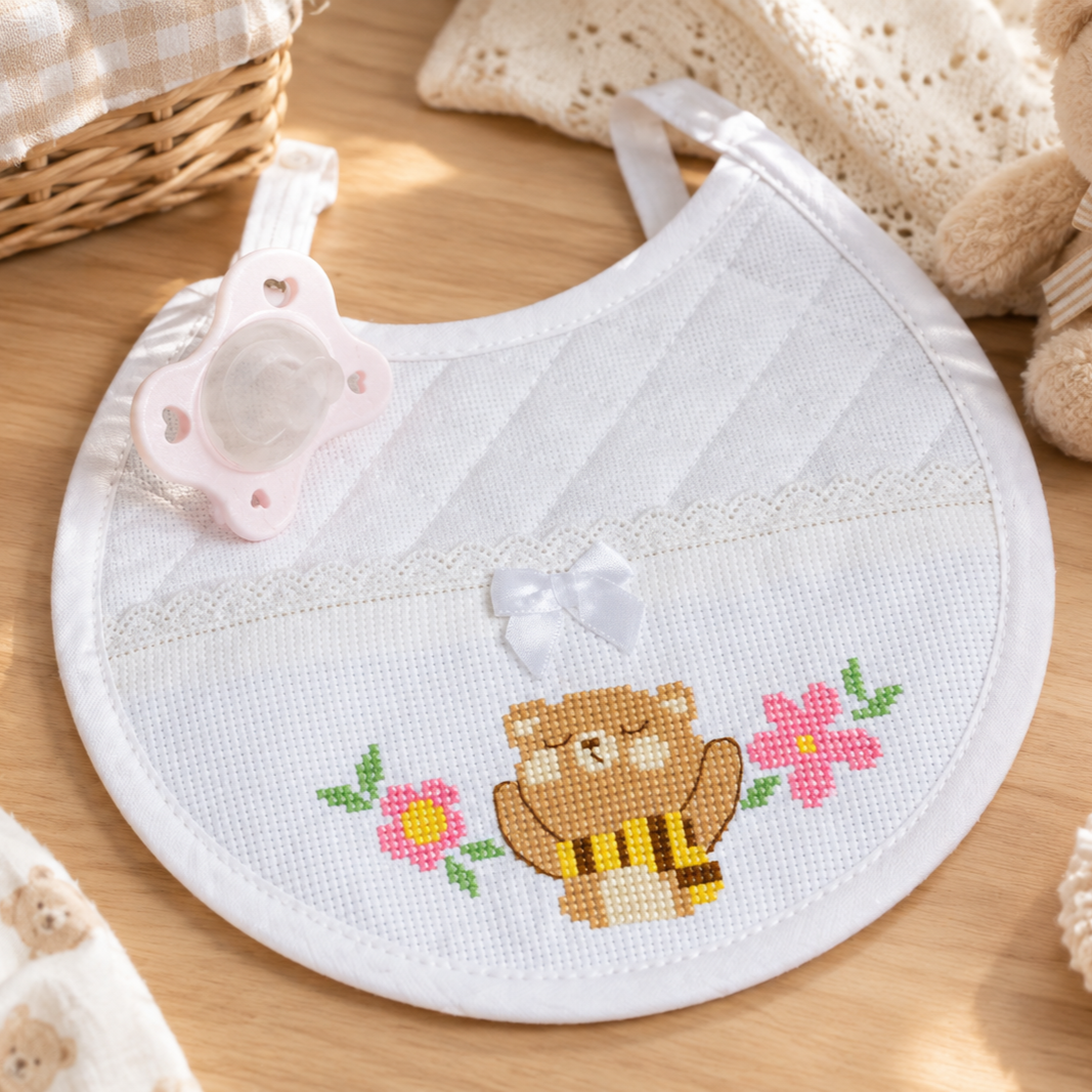 Kit bavetta rotonda cotone bianco Orsetto e Fiorellini Rosa punto croce