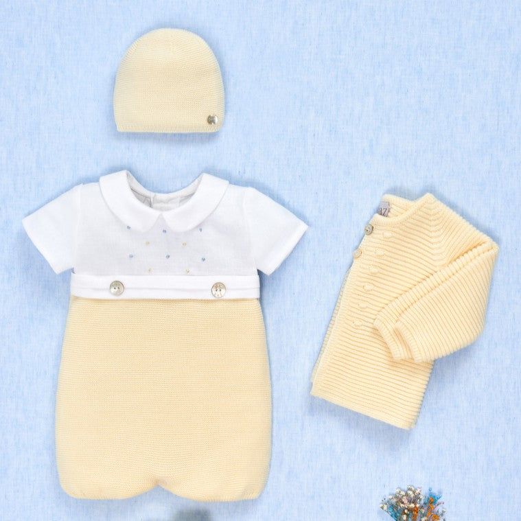 Pagliaccetto neonato con corpetto in lino con pois