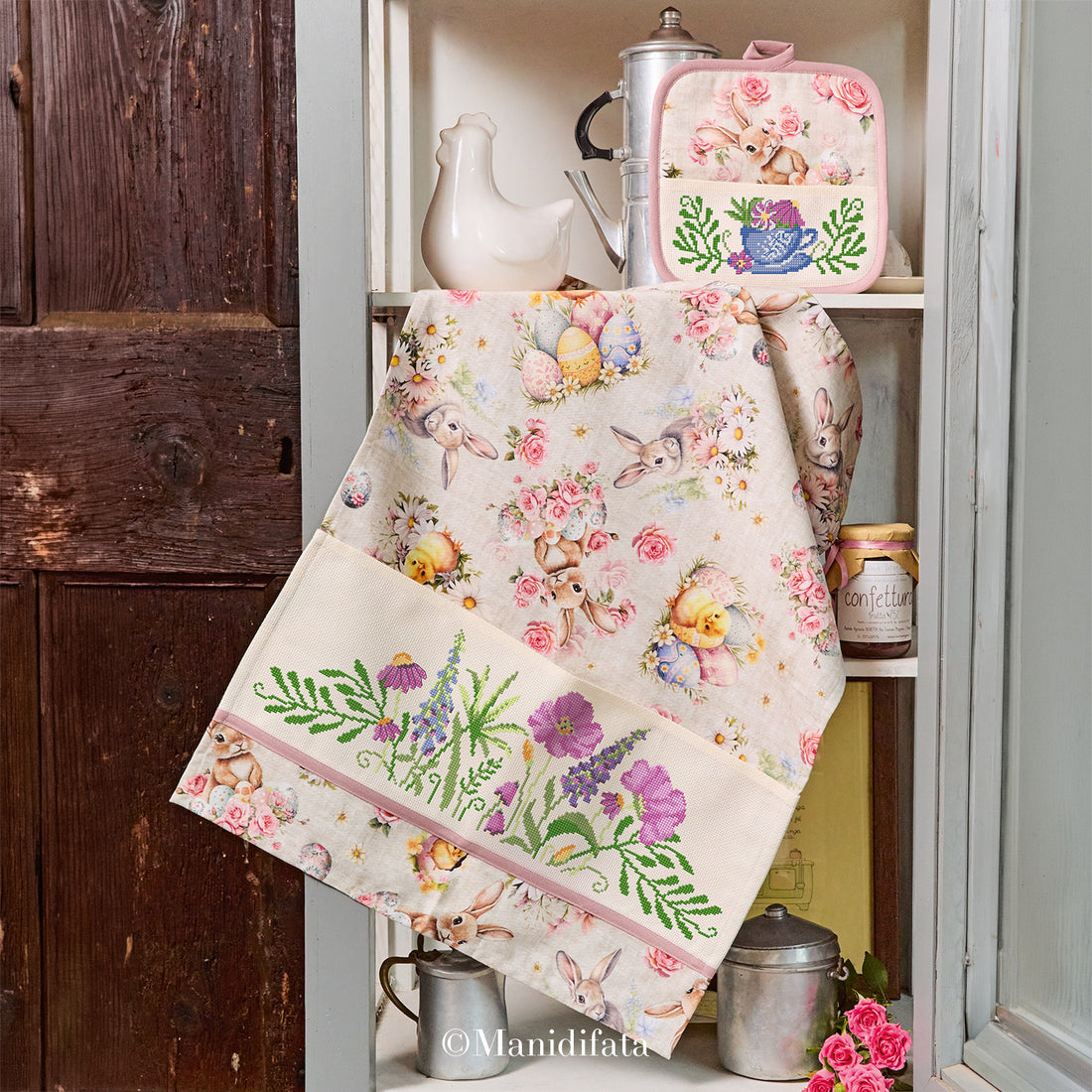 Kit asciugapiatti coniglietti e pulcini a punto croce