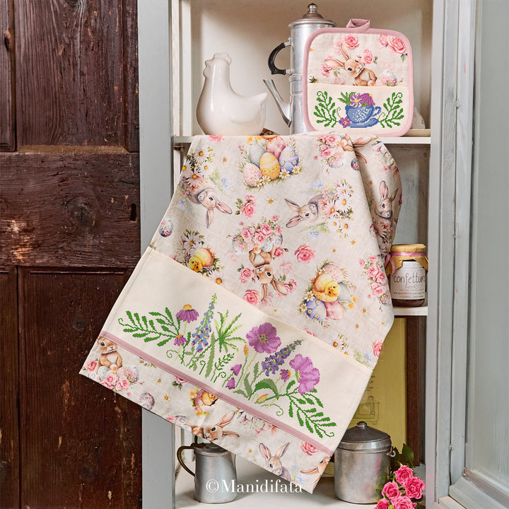 Kit asciugapiatti coniglietti e pulcini a punto croce