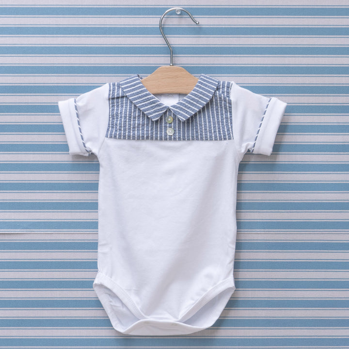 Body camicia manica corta goffrato bianco e blu