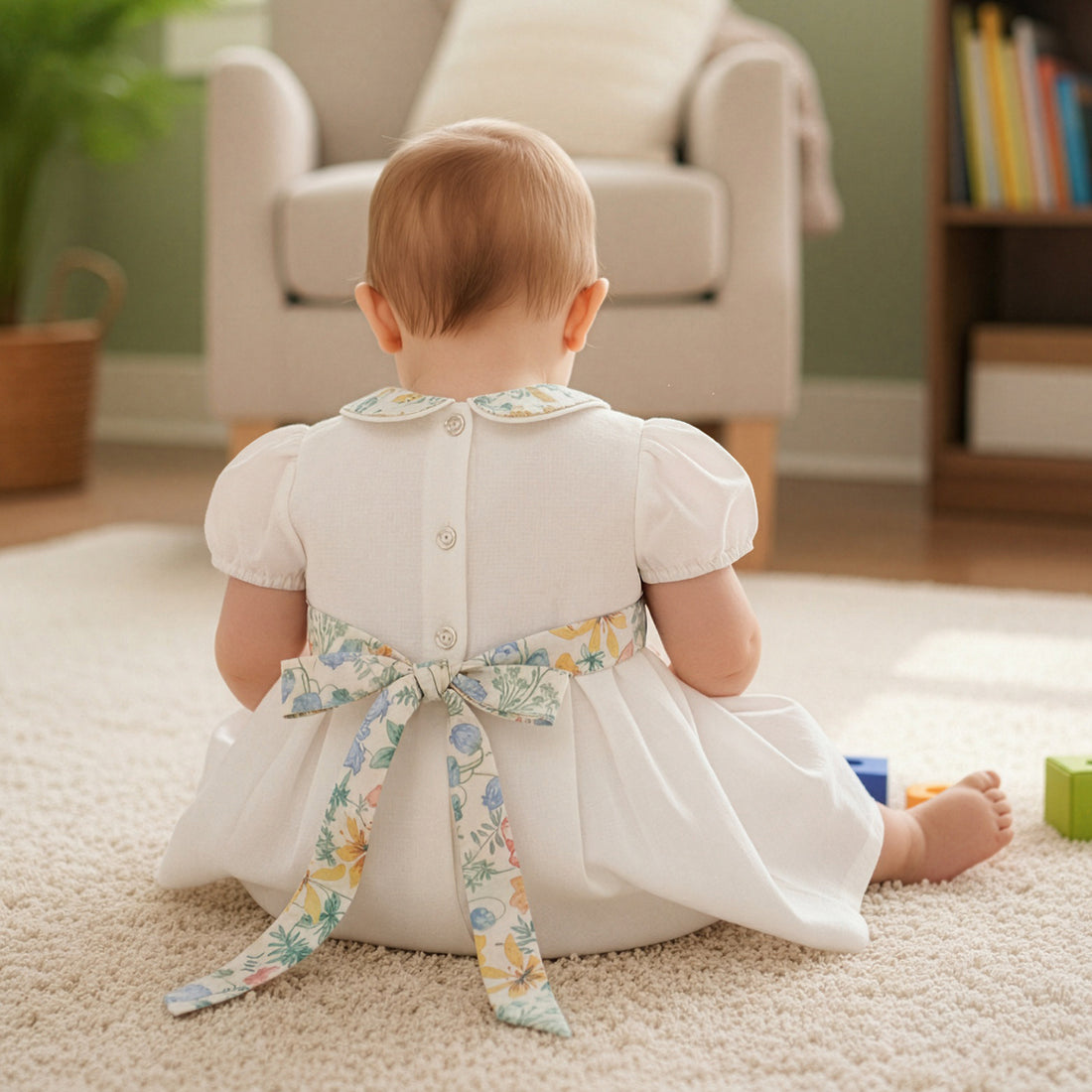 Abitino bimba in misto lino bianco stampa Liberty