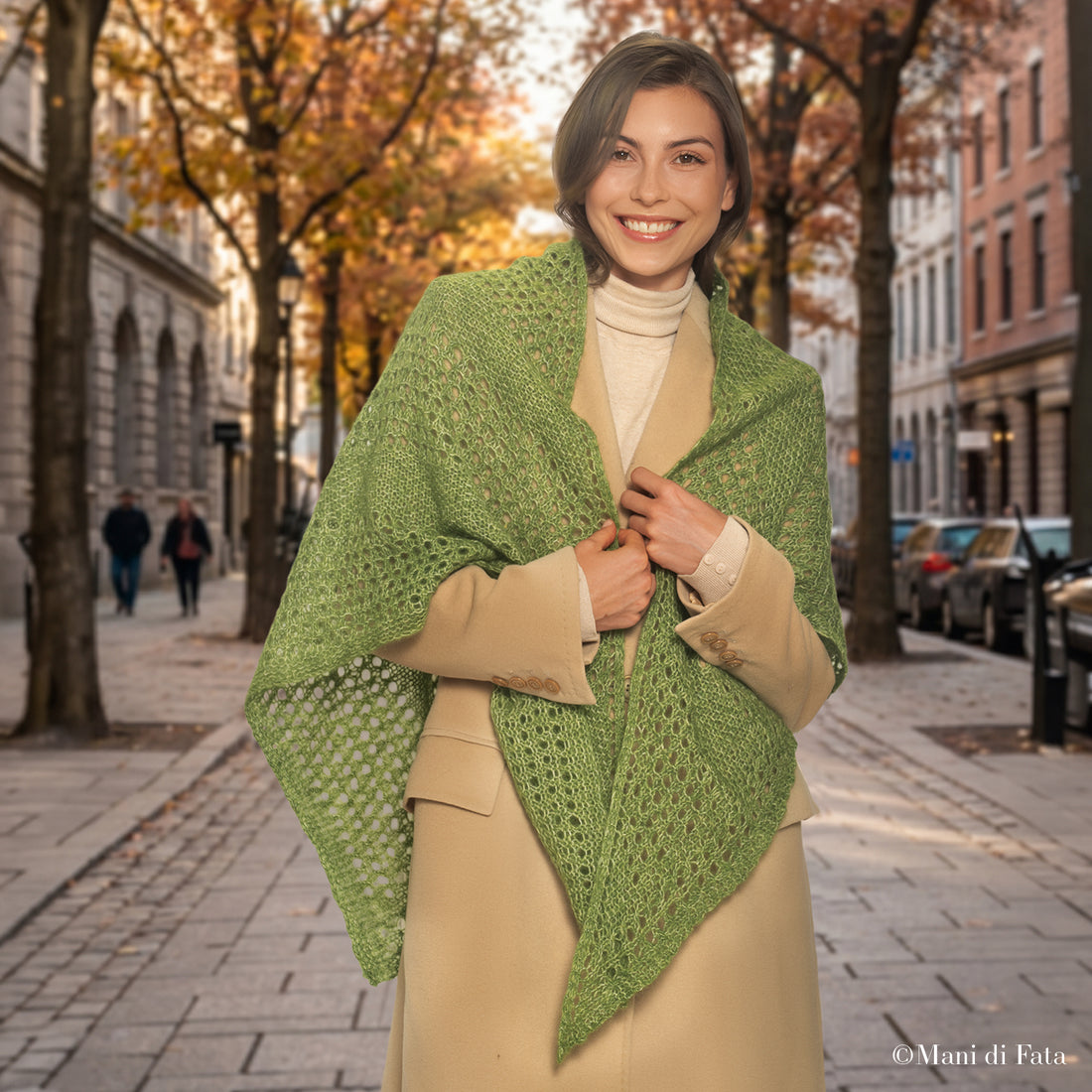Kit scialle ginko verde traforato a ferri circolari