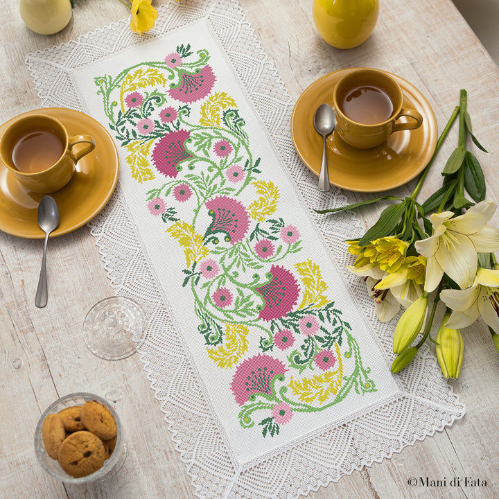 Kit centro rettangolare pizzo Fiori Primaverili ricamo punto croce