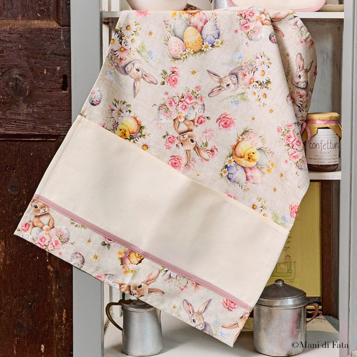 Asciugapiatti pasquale Conigli e Fiori ricamo punto croce