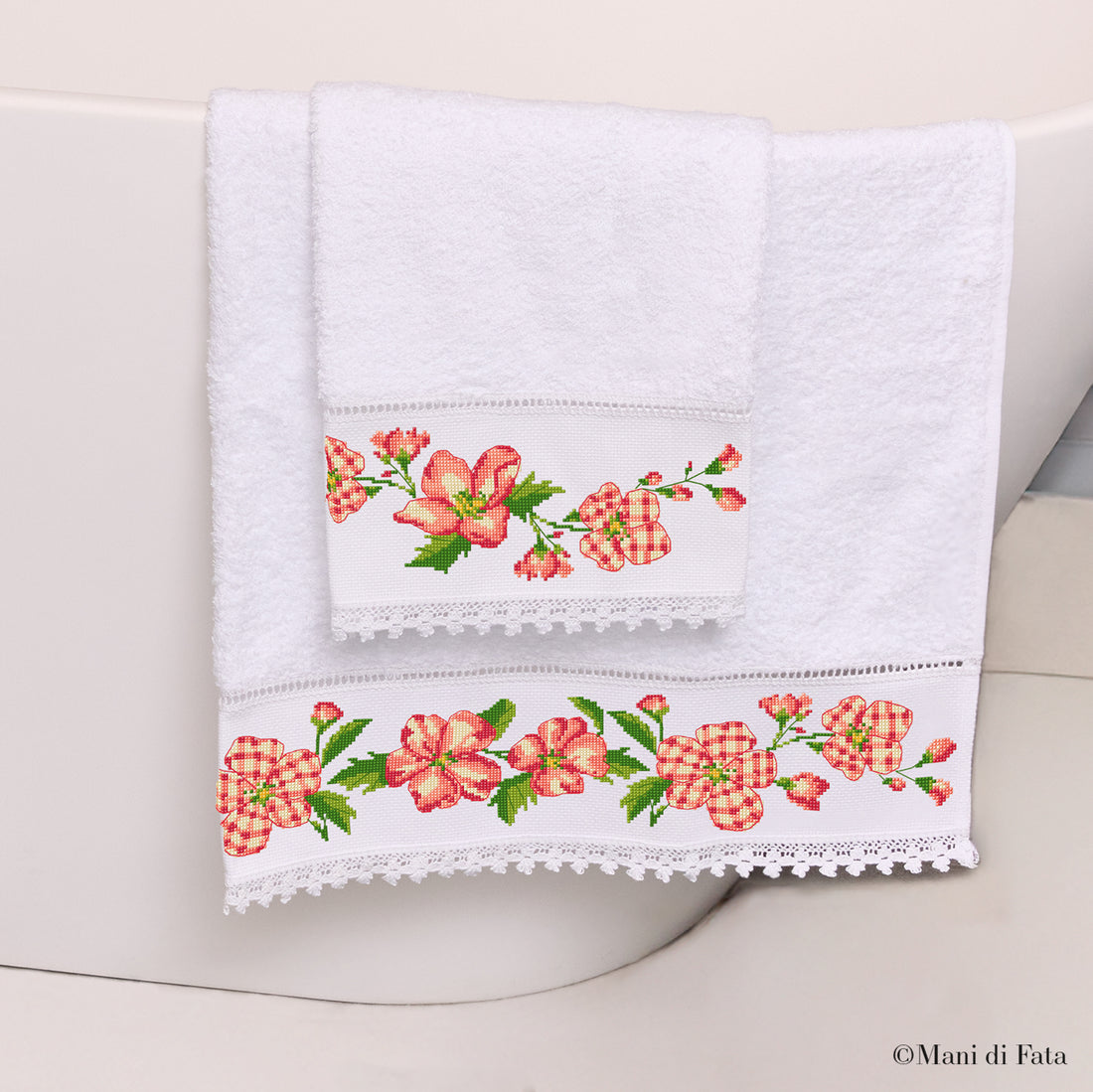 Kit parure spugna bianca con pizzo Fiori ricamo punto croce