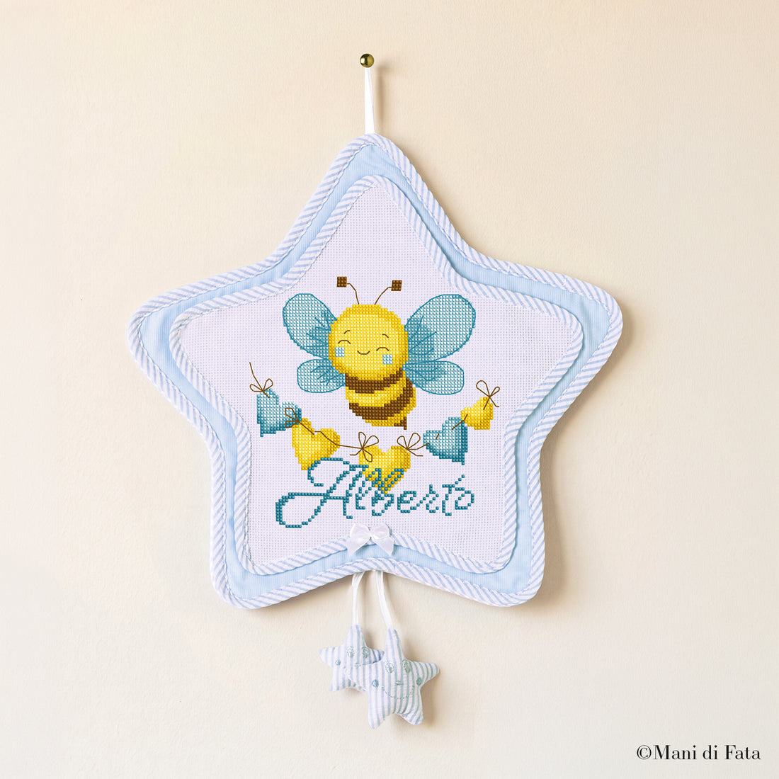 Kit stella sbieco a righe azzurro e stelline Ape ricamo puto croce