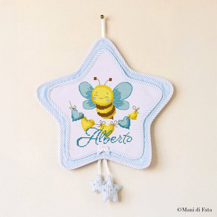 Kit stella sbieco a righe azzurro e stelline Ape ricamo puto croce
