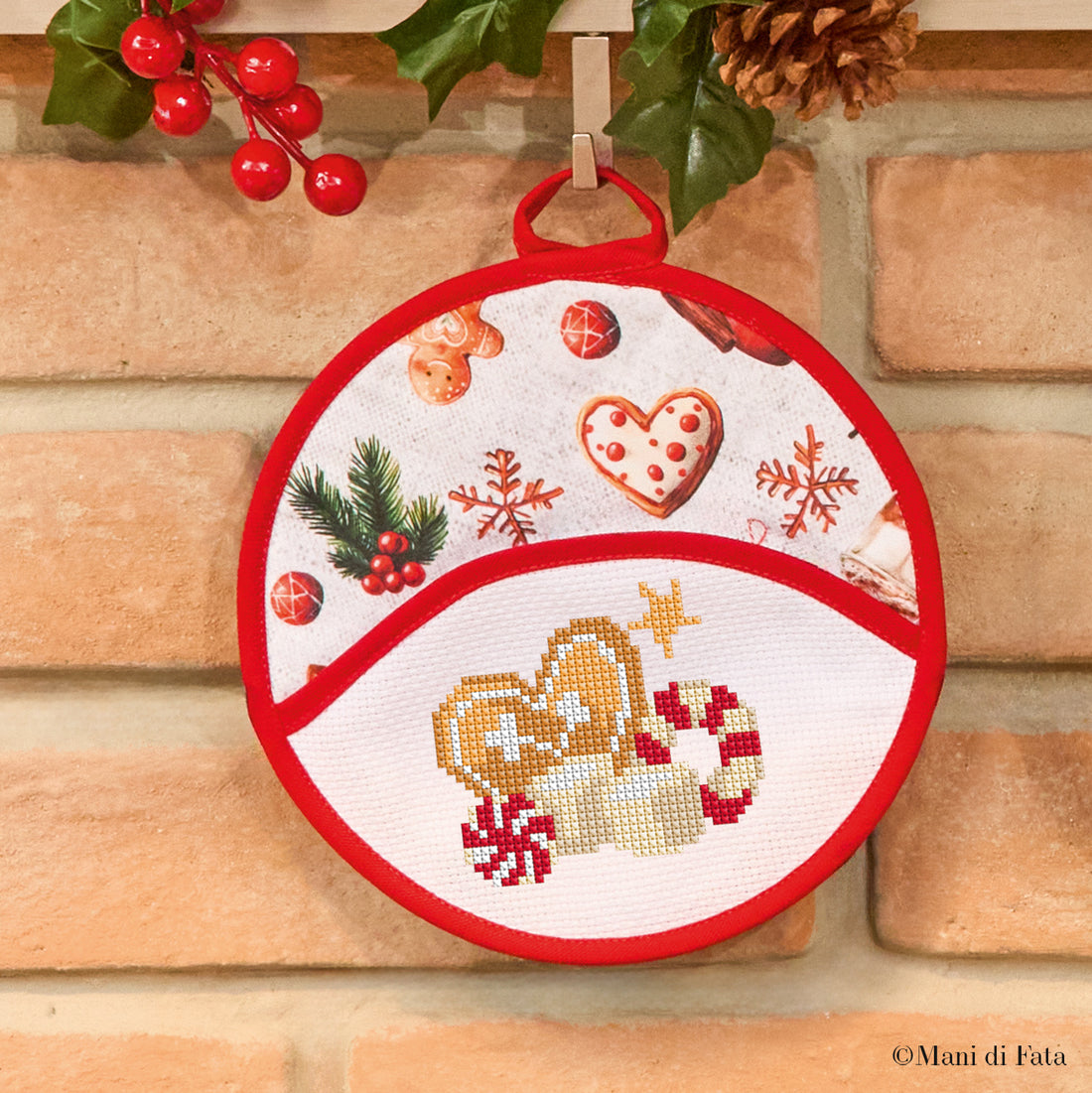 Kit presina natalizia Biscotto Cuore ricamo punto croce