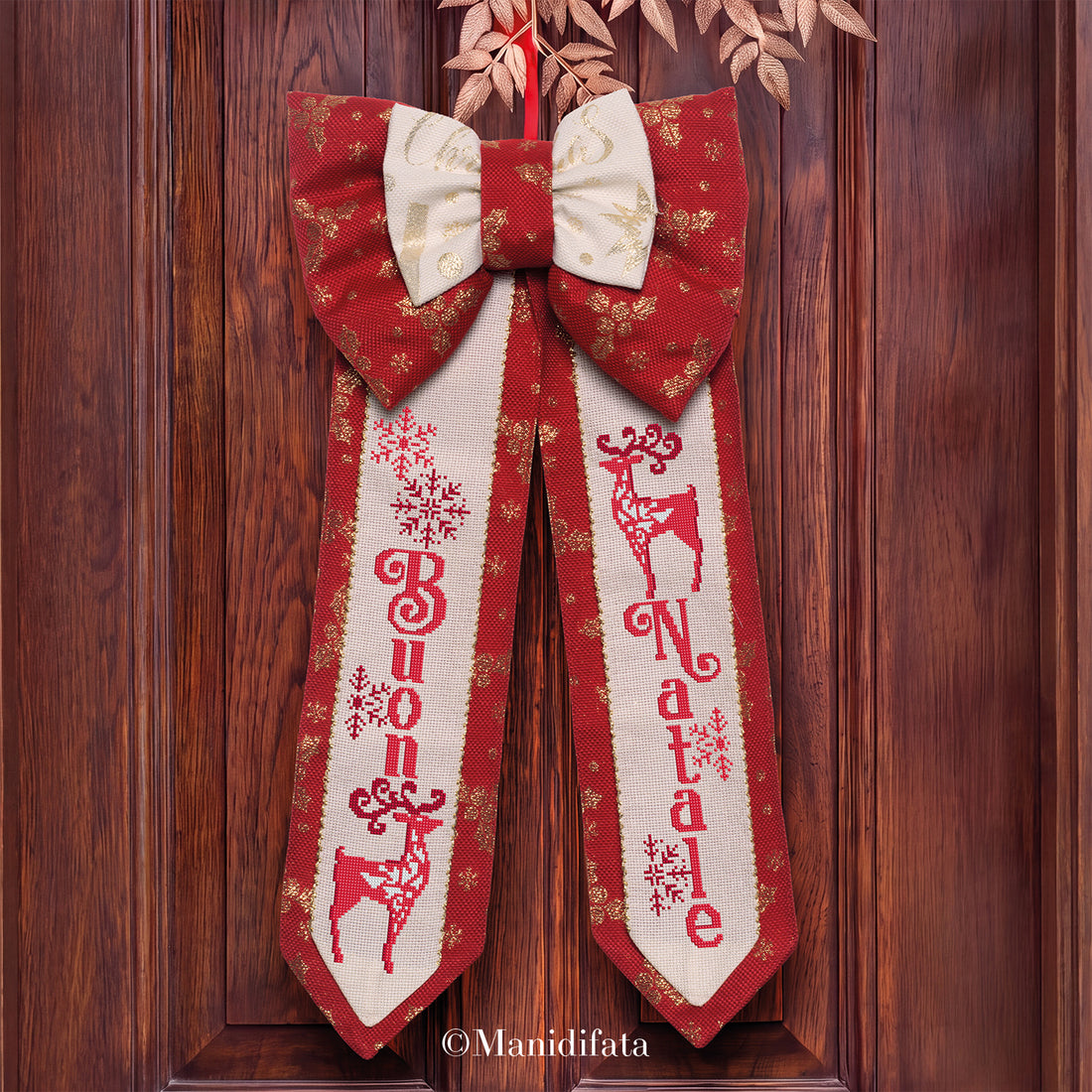 Kit fuoriporta fiocco jacquard rosso Buon Natale ricamo punto croce