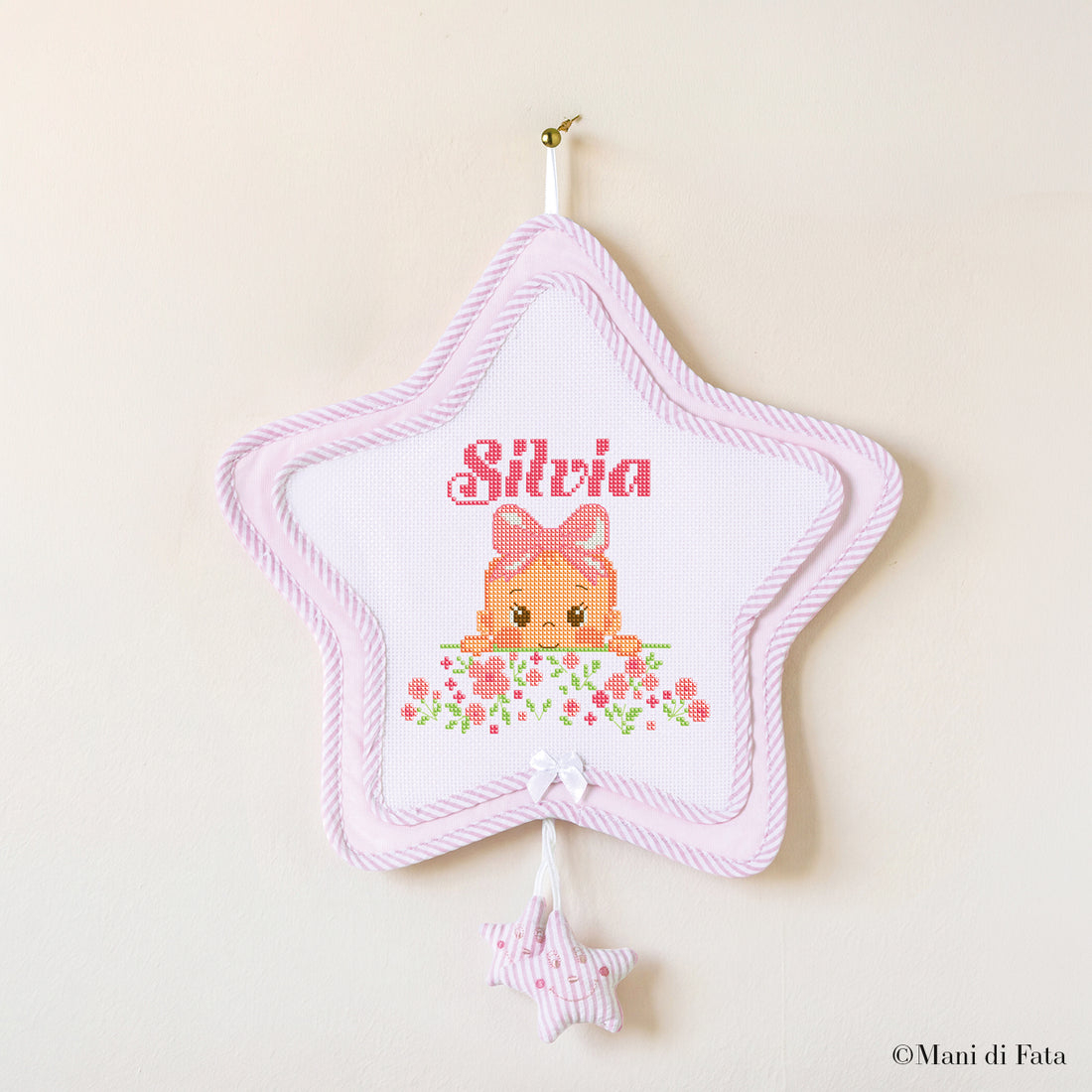 Kit stella sbieco a righe rosa e stelline Bimba ricamo punto croce