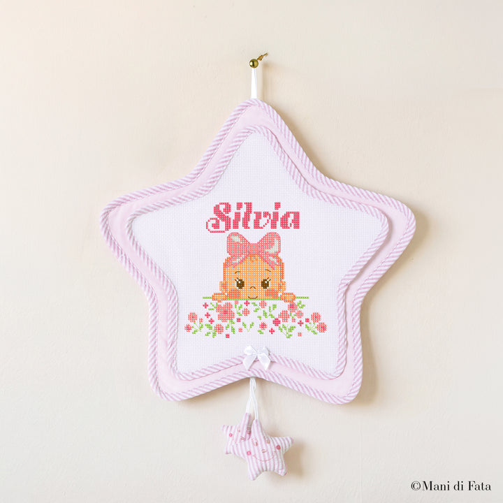 Kit stella sbieco a righe rosa e stelline Bimba ricamo punto croce