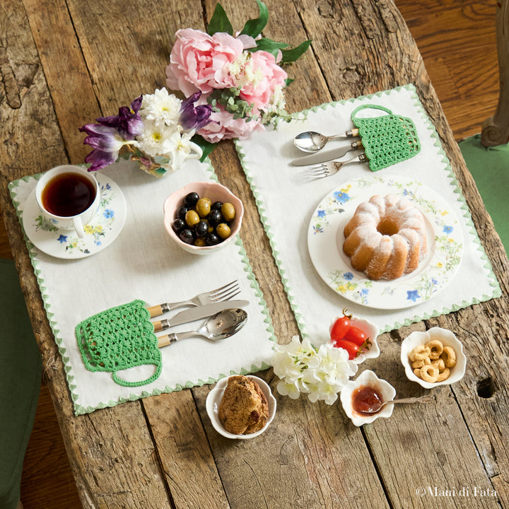 Kit coppia di tovagliette americane in lino Tazzina a uncinetto