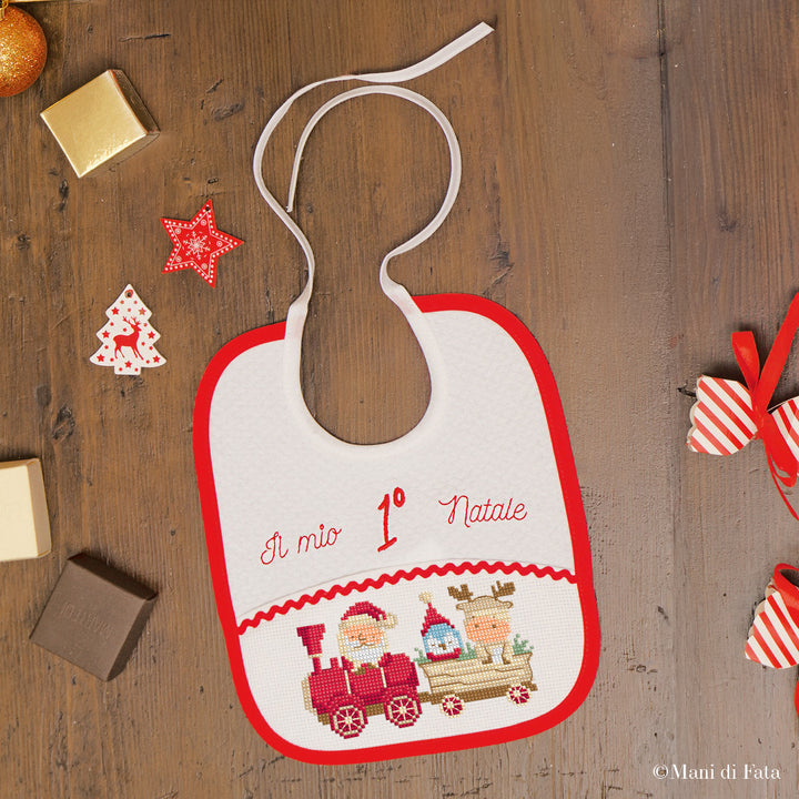 Kit bavetta 1° Natale Trenino ricamo a punto croce