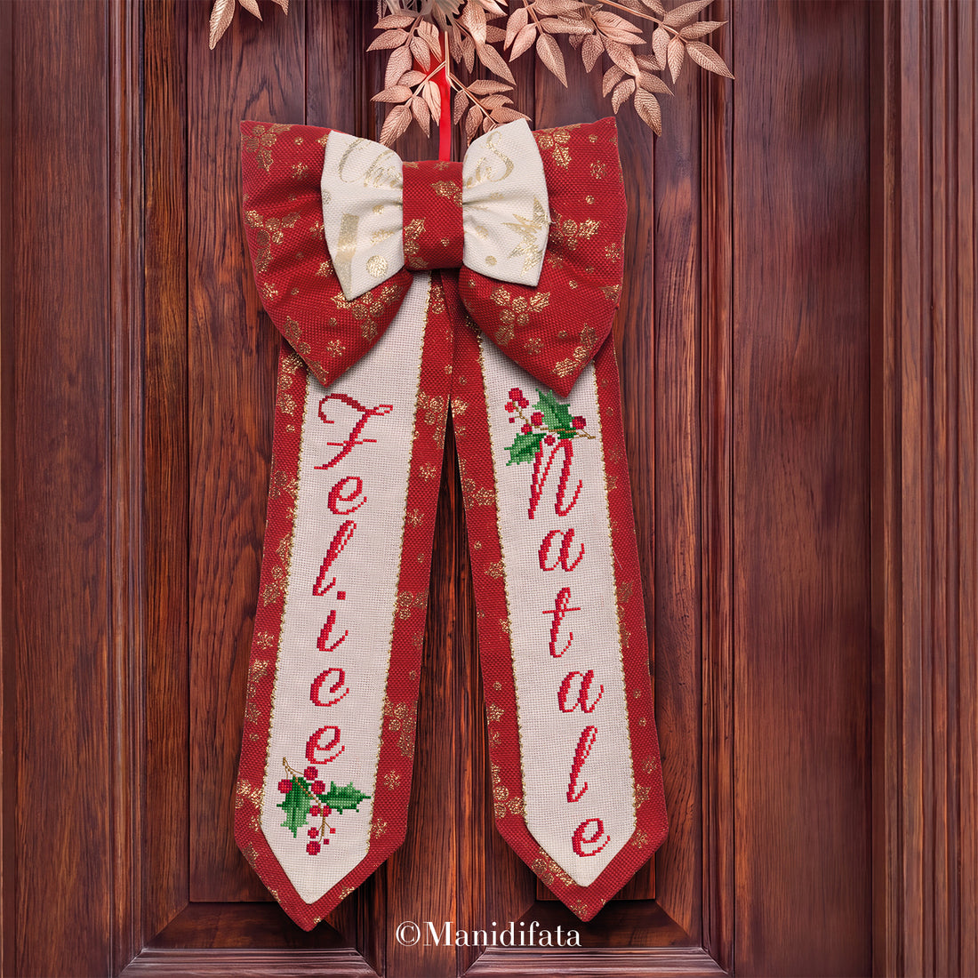 Kit fuoriporta fiocco jaquard rosso lamè Felice Natale punto croce