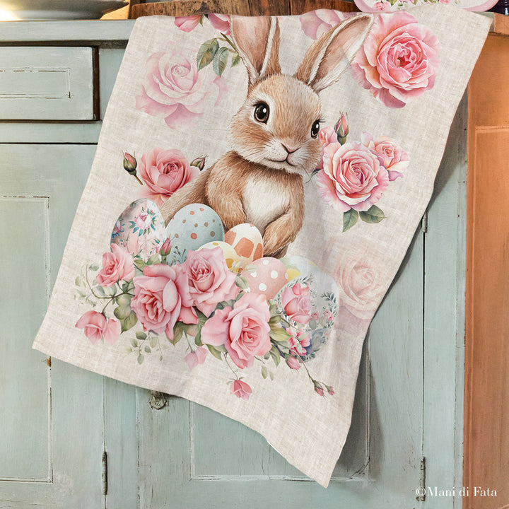 Asciugapiatti in cotone Coniglietto e Rose 