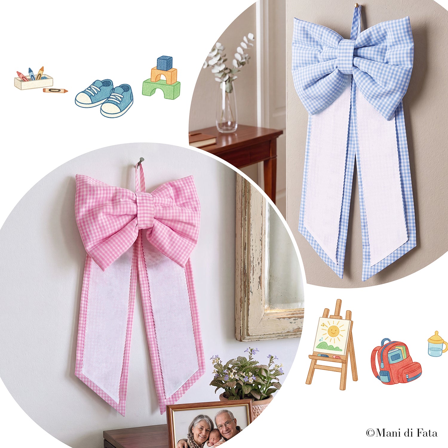 Fiocco nascita cocche cotone vichy ricamo punto croce