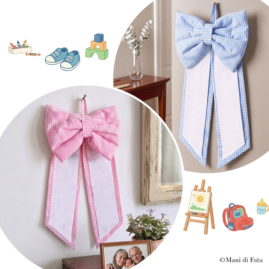 Fiocco nascita cocche cotone vichy ricamo punto croce