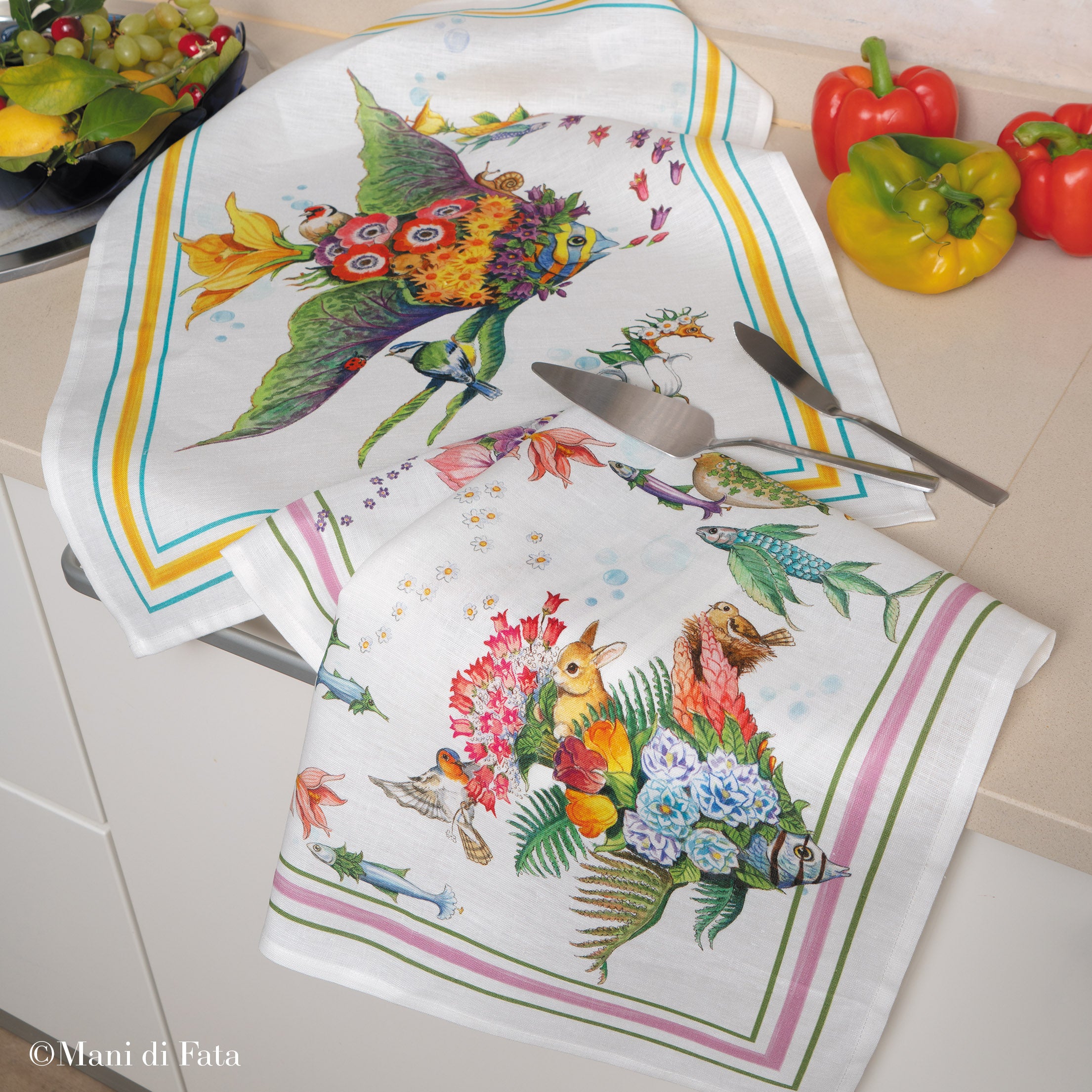 Strofinaccio stampato in lino Giardino Acquatico