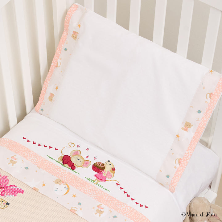 Kit parure da lettino rosa Topolini e cuori ricamo punto croce