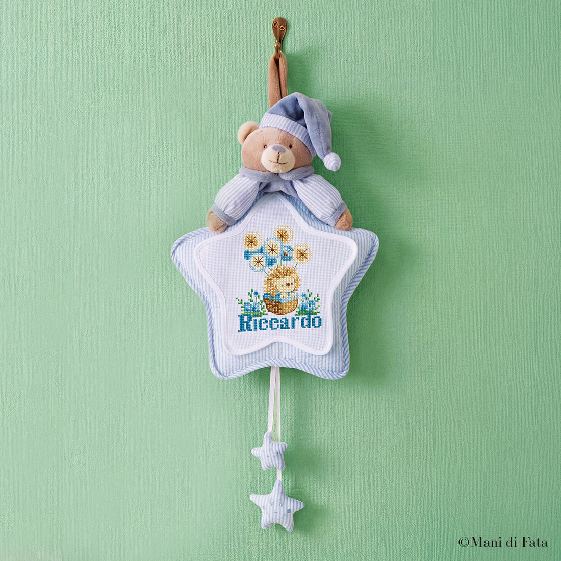 Kit fiocco a stella azzurro orsetto di peluche Riccio ricamo punto croce