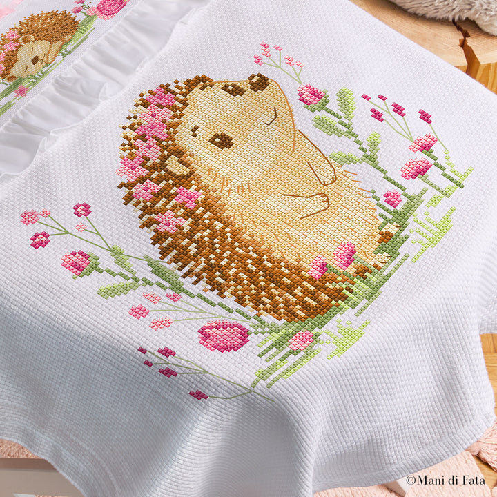 Kit copertina culla di cotone bianca Riccio rosa punto croce