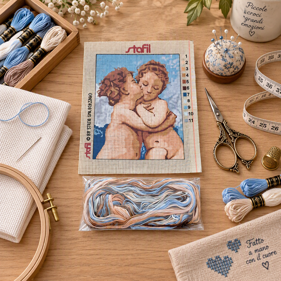 Kit quadretto Amorini ricamo mezzo punto
