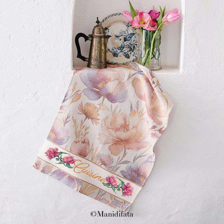 Kit asciugapiatti jaquard Peonie ricamo punto croce
