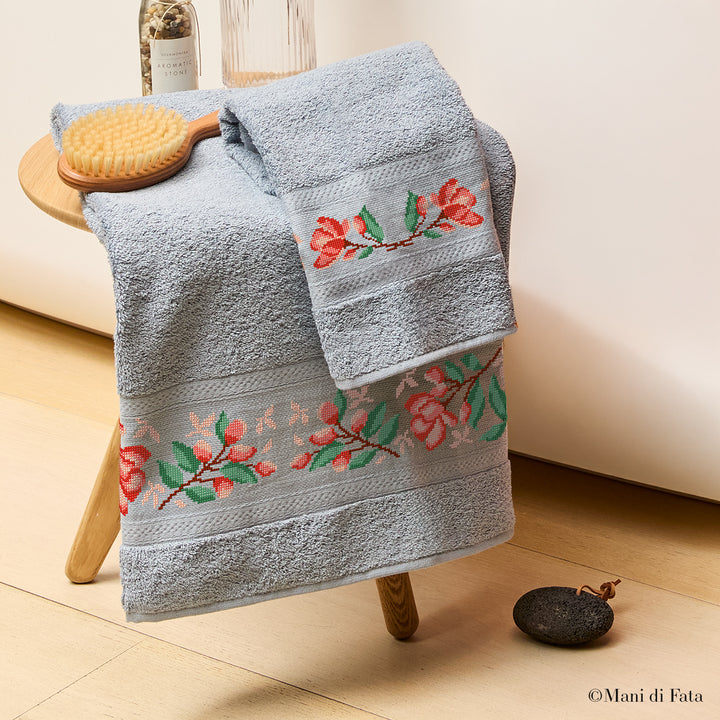 Kit parure spugna greca acciaio Fiori Rossi ricamo punto croce