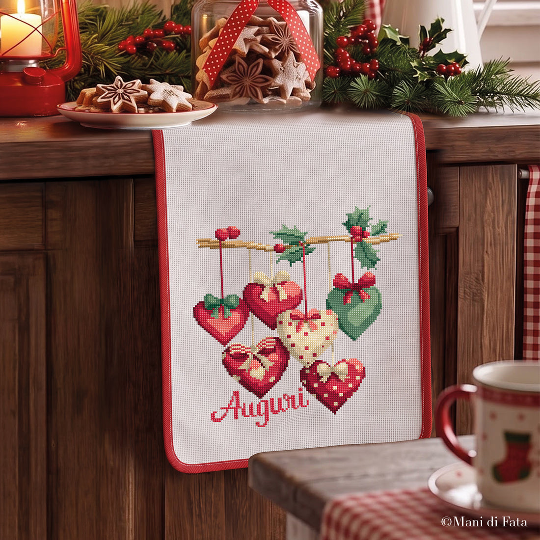 Kit asciugapiatti sbieco rosso Auguri e Cuori Country Natalizi punto croce
