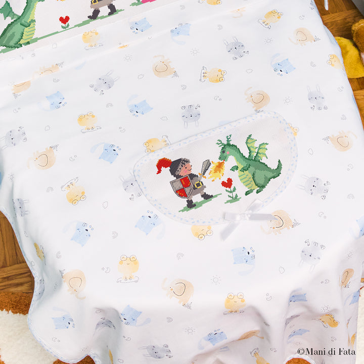 Kit copertina culla celeste Drago e cavaliere ricamo punto croce