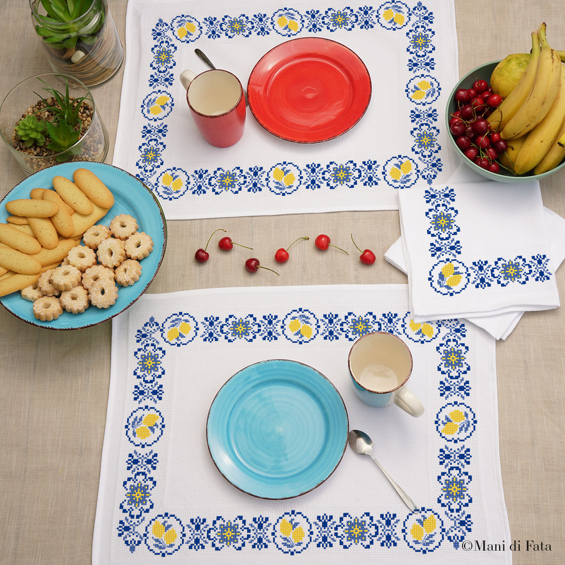 Kit 2 tovagliette americane con tovaglioli Maioliche e limoni punto croce