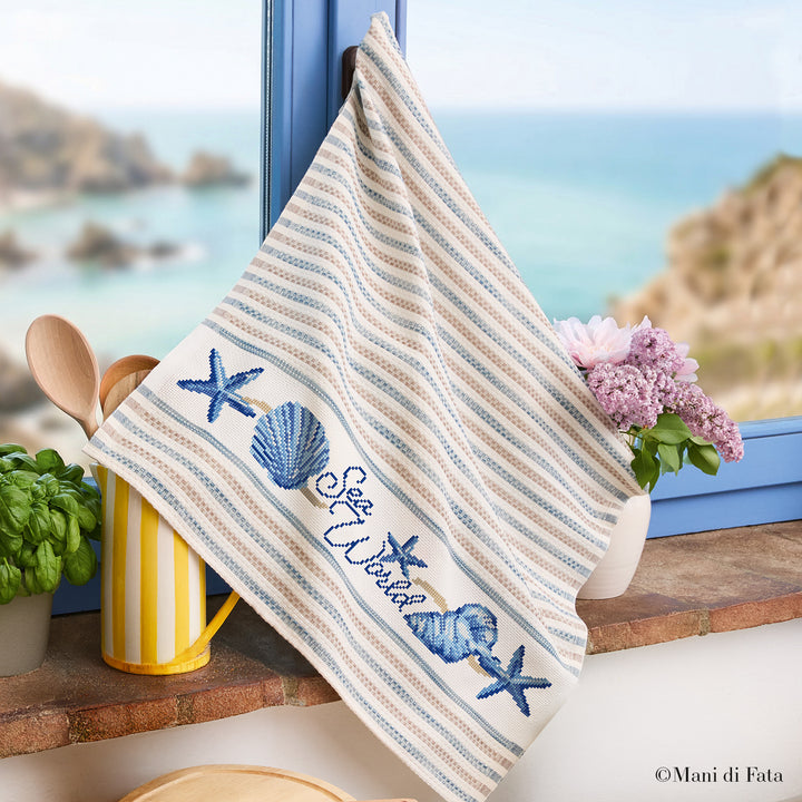 Kit asciugapiatti jaquard righe blu Sea World ricamo punto croce