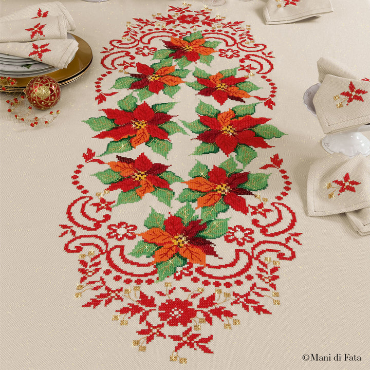 Kit tovaglia da 12 in Aida filo oro con decori natalizi da ricamare a punto croce