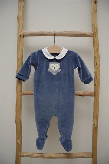 Tutina con piedino in ciniglia blu gufo