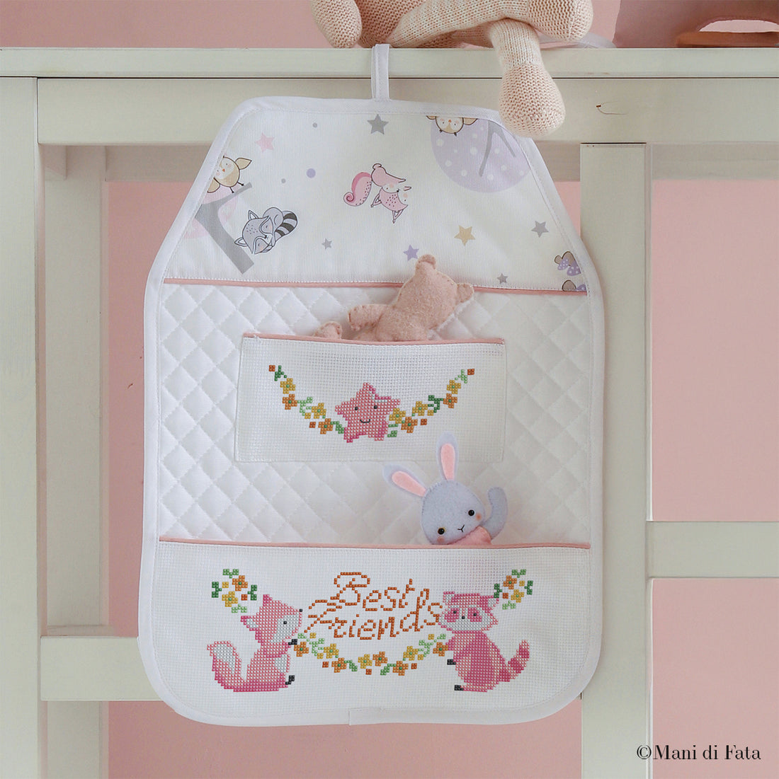 Kit portaoggetti rosa a punto croce 'Amici del bosco'