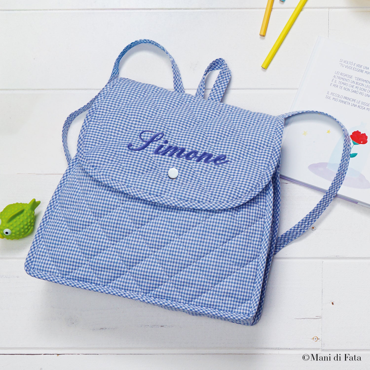 Zaino personalizzato celeste ricamo a macchina